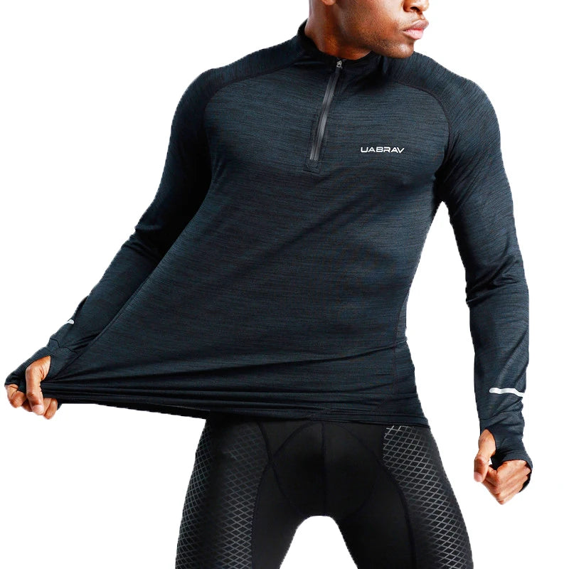 Mens Sports T-Shirt Sportswear Long Sleeve Running Gym Clothing Fitness Compression Shirt Zip Pullover Hiking Rashguard w42