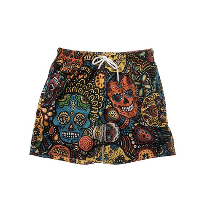 Retro skull men's casual shorts ethnic style artistic female beach wear summer y2k women breathable short pants man streetwear