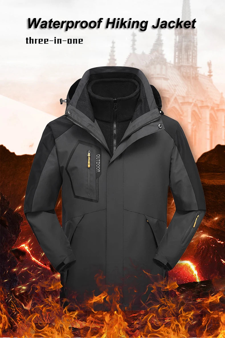 CHRLCK Men's 3 In 1 Thick Hiking Jacket Fleece Waterproof Winter Windbreaker Outdoor Camping Jackets Windproof Coat Large Size